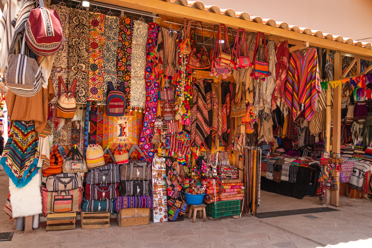 Souvenirs at the Pisac artisan market, Peru.