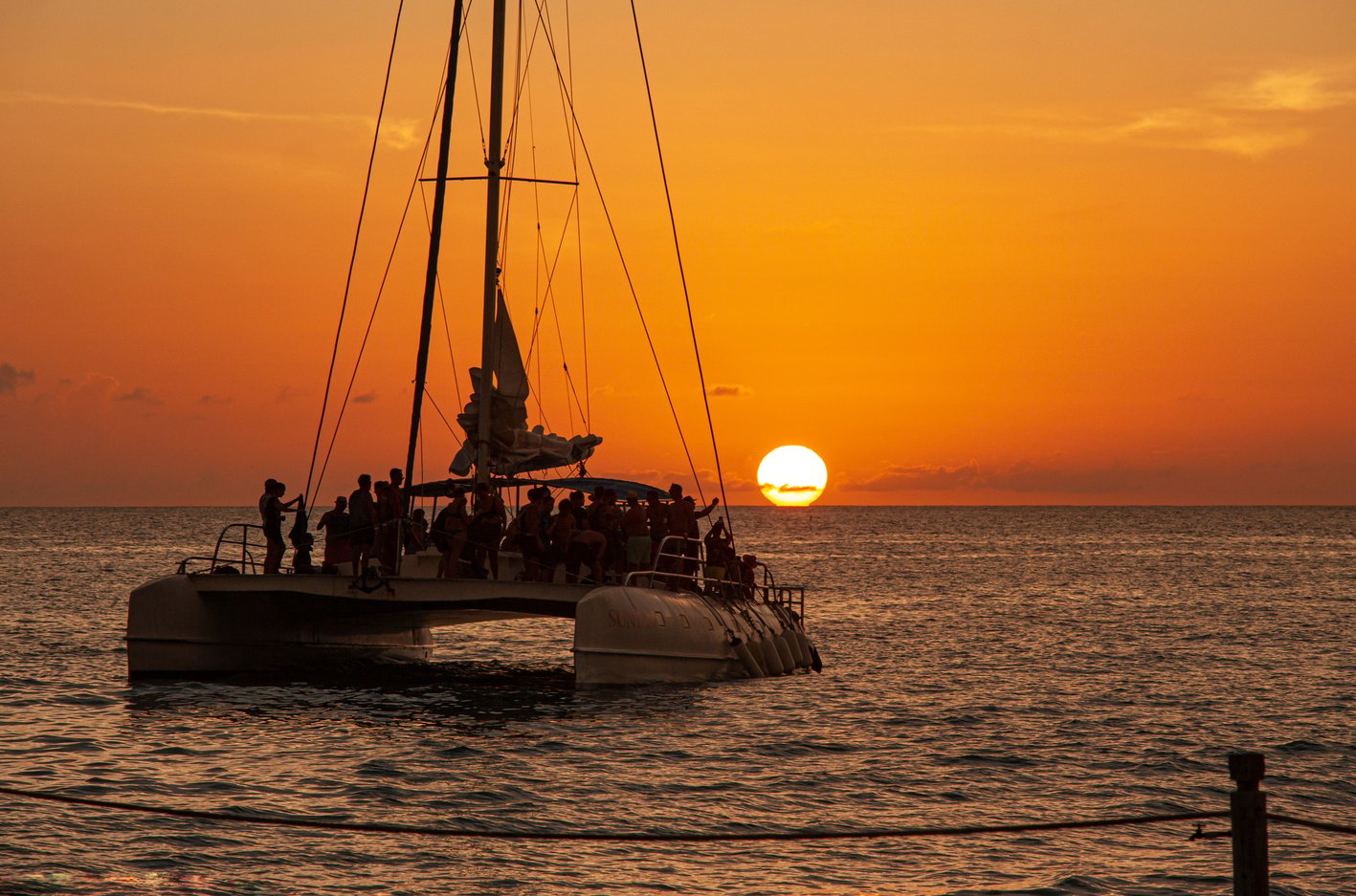 Catamaran sails at sunset