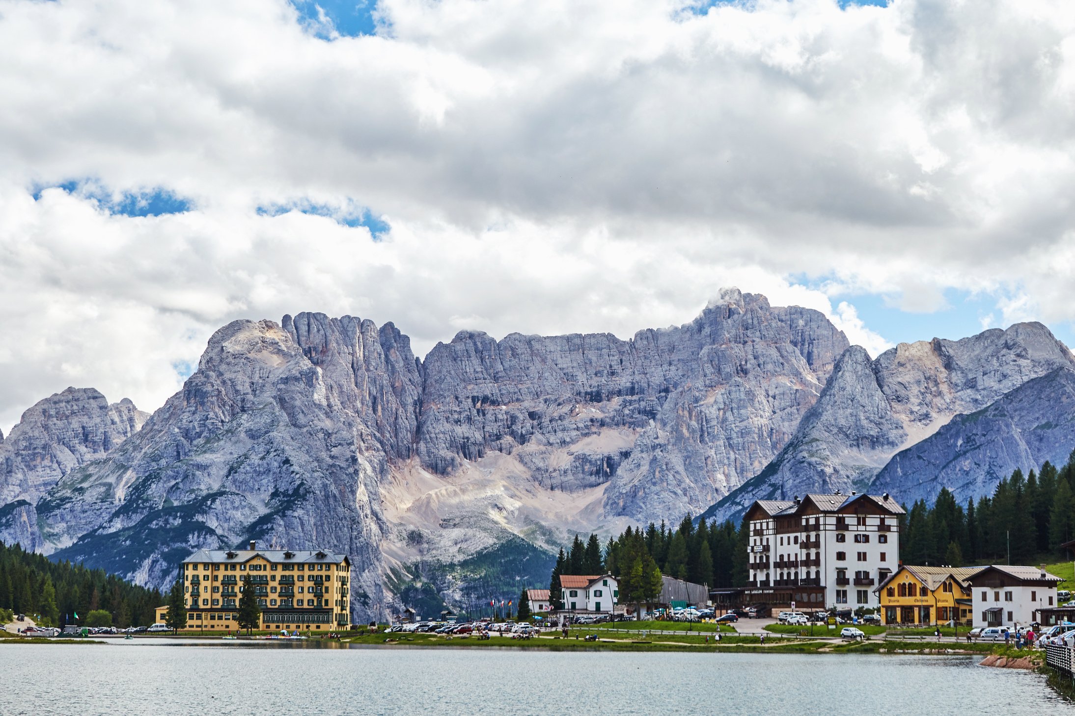 Lake Misurina with City and Mountains