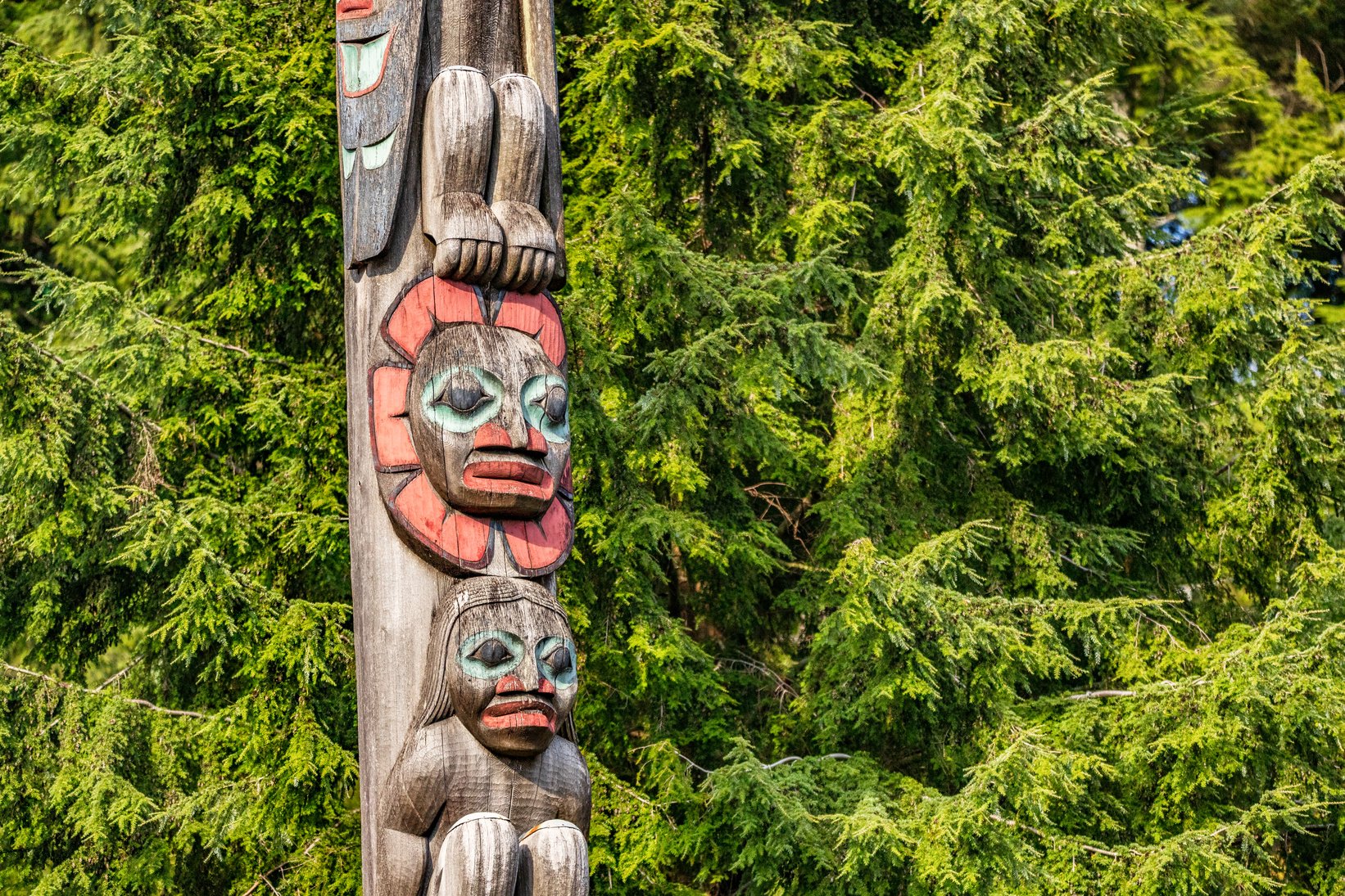 Alaska Totem Pole in Ketchikan, Alaska. Cruise Travel Destination Vacation. Wood Carving, Traditional Art.